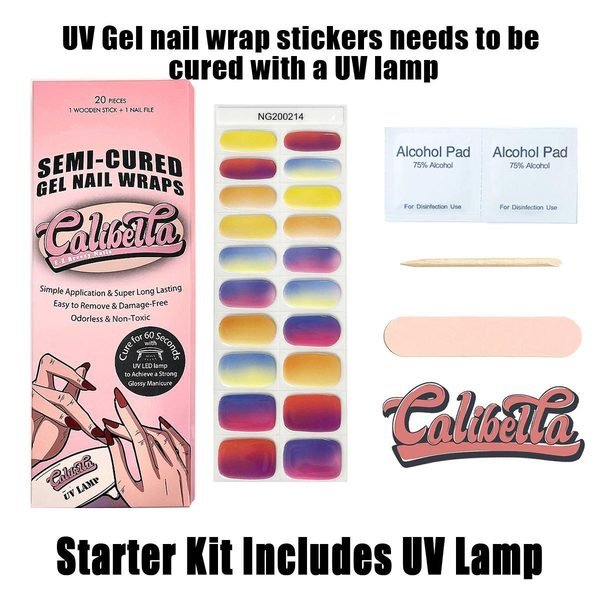 Calibella Semi-Cured UV Gel Nail Wrap Stickers for Durable DIY Manicure Nail Care with No Odor or Adhesives and Zero Drying Time (UV lamp required)