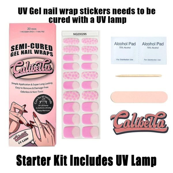 Calibella Semi-Cured UV Gel Nail Wrap Stickers for Durable DIY Manicure Nail Care with No Odor or Adhesives and Zero Drying Time (UV lamp required)
