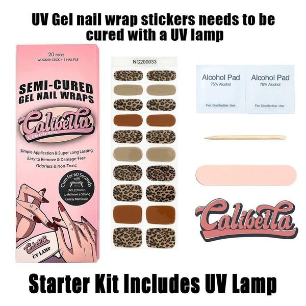 Calibella Semi-Cured UV Gel Nail Wrap Stickers for Durable DIY Manicure Nail Care with No Odor or Adhesives and Zero Drying Time (UV lamp required)