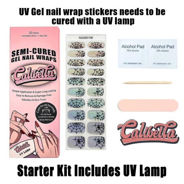 Calibella Semi-Cured UV Gel Nail Wrap Stickers for Durable DIY Manicure Nail Care with No Odor or Adhesives and Zero Drying Time (UV lamp required)