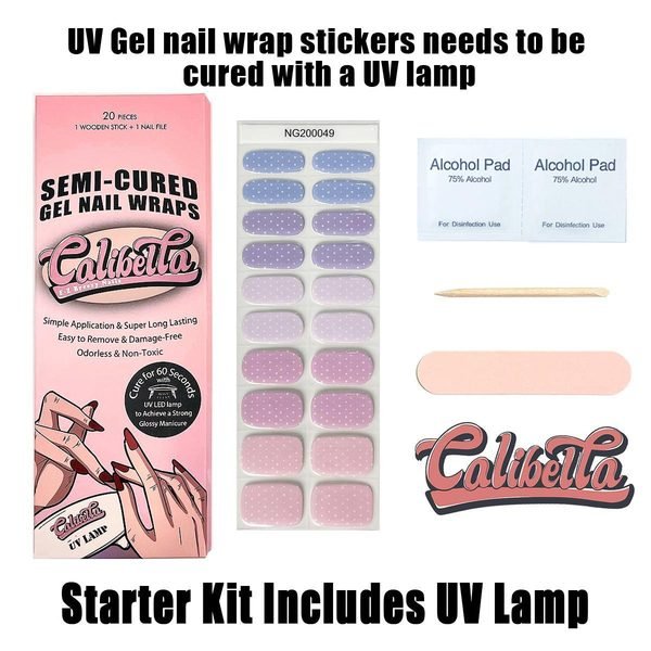 Calibella Semi-Cured UV Gel Nail Wrap Stickers for Durable DIY Manicure Nail Care with No Odor or Adhesives and Zero Drying Time (UV lamp required)