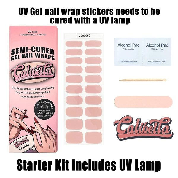 Calibella Semi-Cured UV Gel Nail Wrap Stickers for Durable DIY Manicure Nail Care with No Odor or Adhesives and Zero Drying Time (UV lamp required)