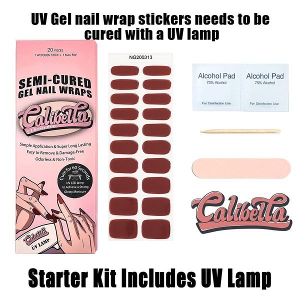 Calibella Semi-Cured UV Gel Nail Wrap Stickers for Durable DIY Manicure Nail Care with No Odor or Adhesives and Zero Drying Time (UV lamp required)