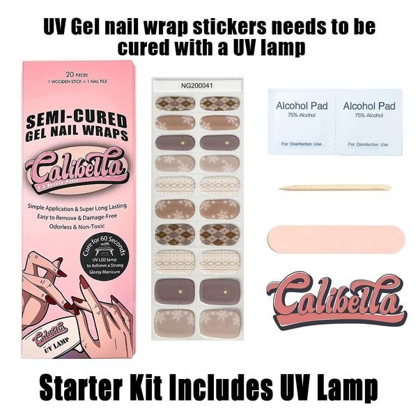 Calibella Semi-Cured UV Gel Nail Wrap Stickers for Durable DIY Manicure Nail Care with No Odor or Adhesives and Zero Drying Time (UV lamp required)