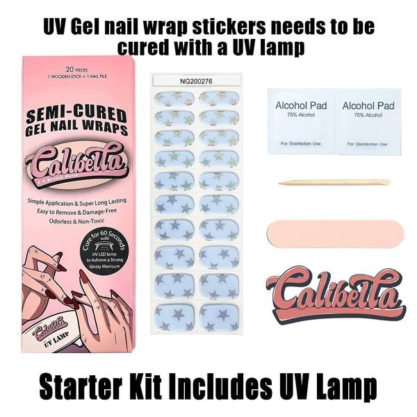 Calibella Semi-Cured UV Gel Nail Wrap Stickers for Durable DIY Manicure Nail Care with No Odor or Adhesives and Zero Drying Time (UV lamp required)