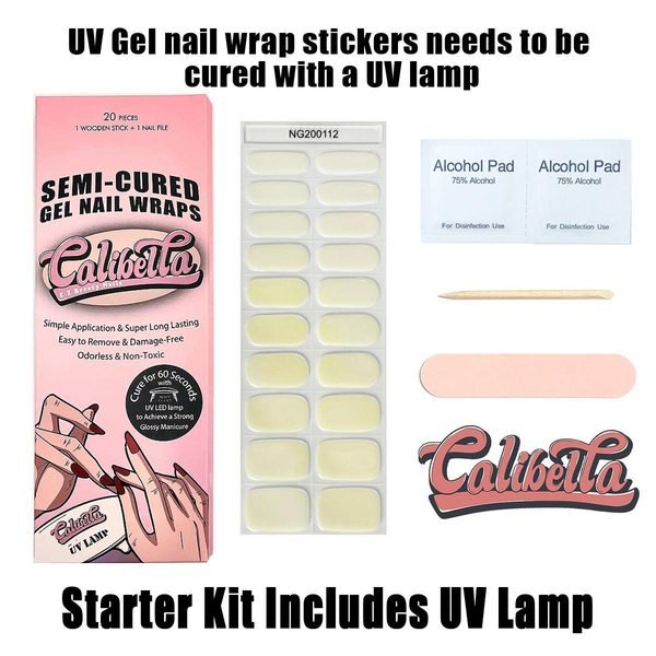 Calibella Semi-Cured UV Gel Nail Wrap Stickers for Durable DIY Manicure Nail Care with No Odor or Adhesives and Zero Drying Time (UV lamp required)