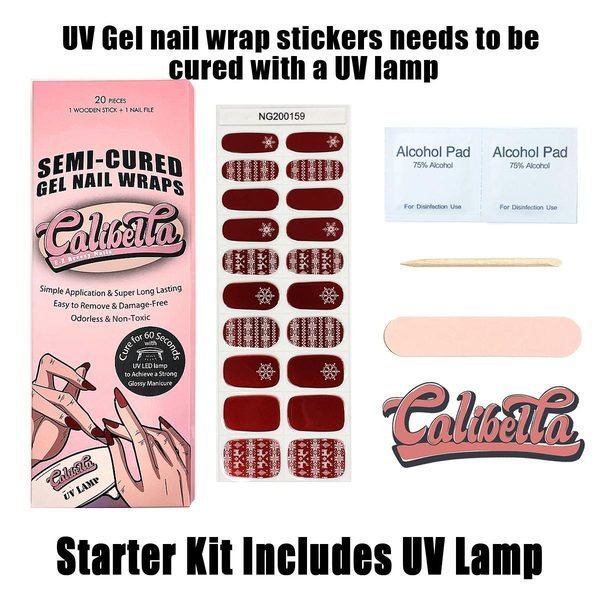 Calibella Semi-Cured UV Gel Nail Wrap Stickers for Durable DIY Manicure Nail Care with No Odor or Adhesives and Zero Drying Time (UV lamp required)