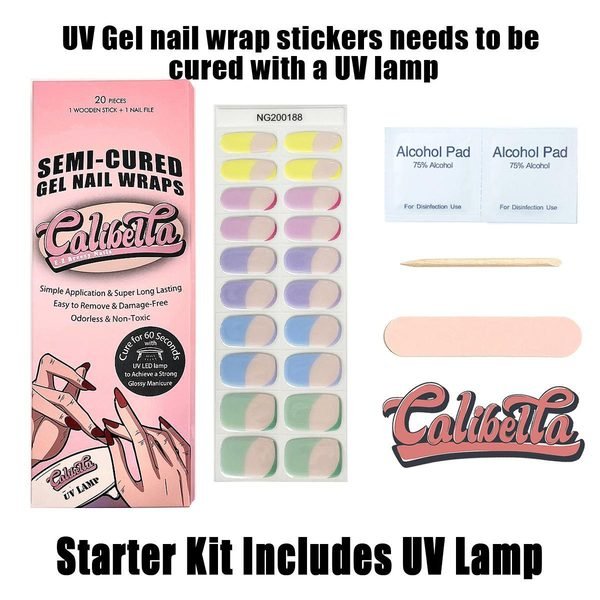 Calibella Semi-Cured UV Gel Nail Wrap Stickers for Durable DIY Manicure Nail Care with No Odor or Adhesives and Zero Drying Time (UV lamp required)