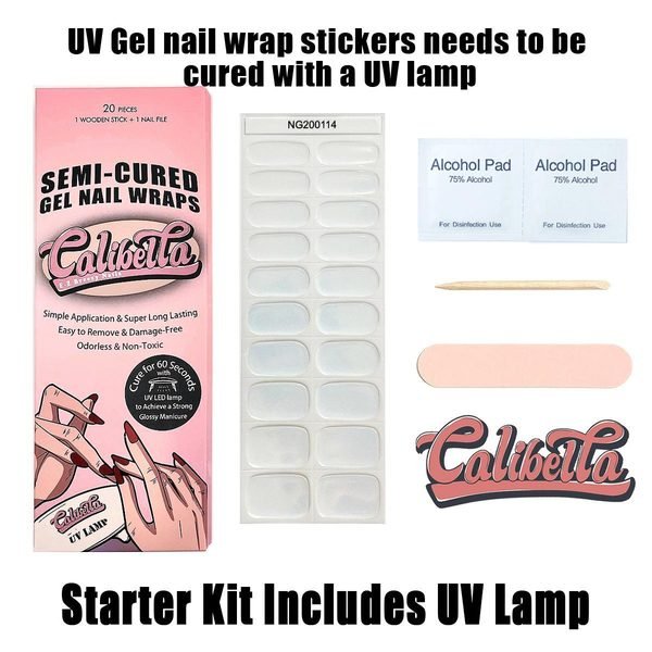Calibella Semi-Cured UV Gel Nail Wrap Stickers for Durable DIY Manicure Nail Care with No Odor or Adhesives and Zero Drying Time (UV lamp required)