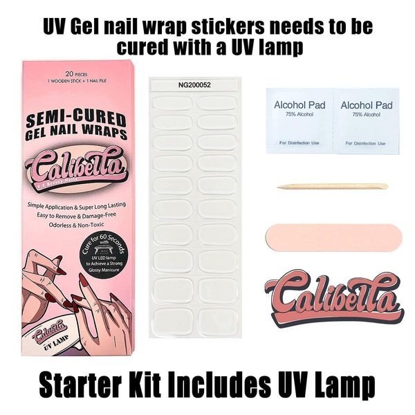 Calibella Semi-Cured UV Gel Nail Wrap Stickers for Durable DIY Manicure Nail Care with No Odor or Adhesives and Zero Drying Time (UV lamp required)