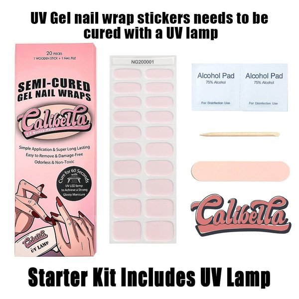 Calibella Semi-Cured UV Gel Nail Wrap Stickers for Durable DIY Manicure Nail Care with No Odor or Adhesives and Zero Drying Time (UV lamp required)
