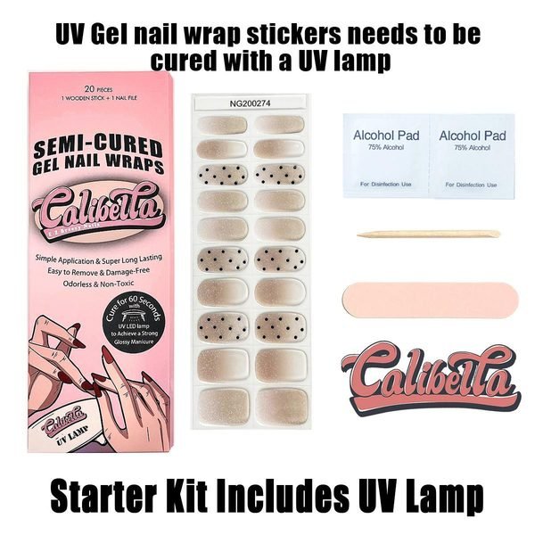 Calibella Semi-Cured UV Gel Nail Wrap Stickers for Durable DIY Manicure Nail Care with No Odor or Adhesives and Zero Drying Time (UV lamp required)