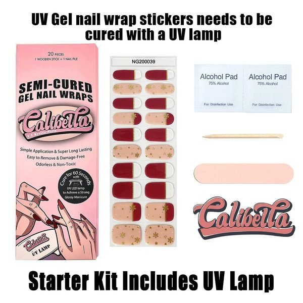 Calibella Semi-Cured UV Gel Nail Wrap Stickers for Durable DIY Manicure Nail Care with No Odor or Adhesives and Zero Drying Time (UV lamp required)