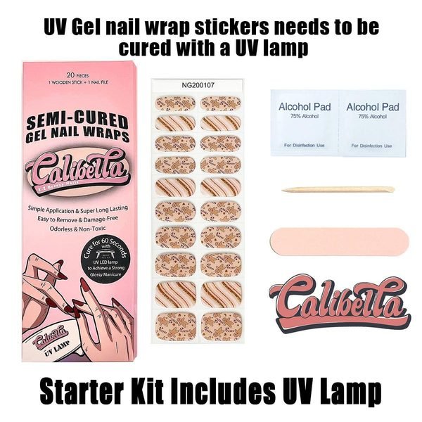 Calibella Semi-Cured UV Gel Nail Wrap Stickers for Durable DIY Manicure Nail Care with No Odor or Adhesives and Zero Drying Time (UV lamp required)