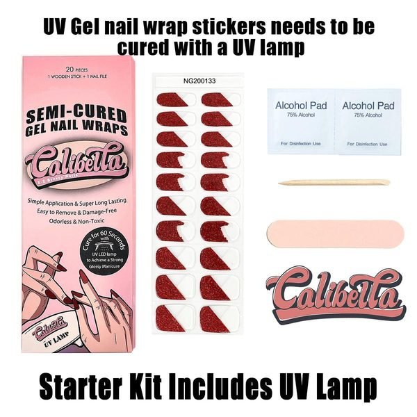 Calibella Semi-Cured UV Gel Nail Wrap Stickers for Durable DIY Manicure Nail Care with No Odor or Adhesives and Zero Drying Time (UV lamp required)