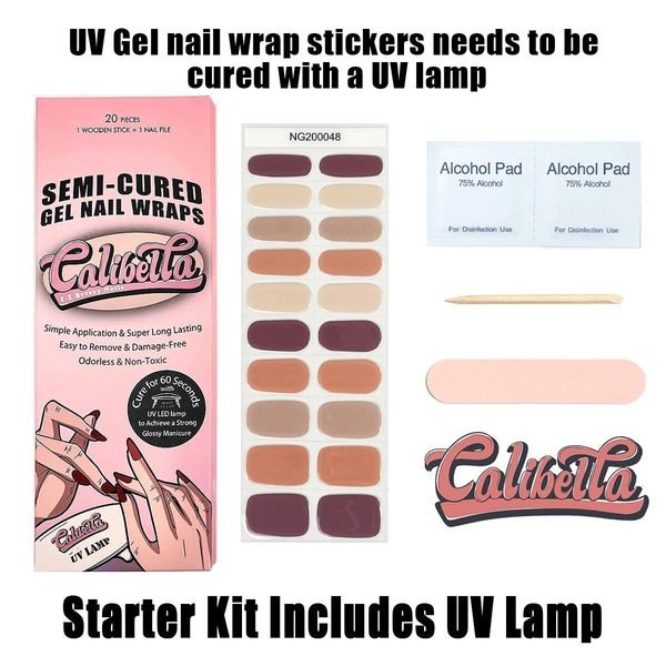 Calibella Semi-Cured UV Gel Nail Wrap Stickers for Durable DIY Manicure Nail Care with No Odor or Adhesives and Zero Drying Time (UV lamp required)