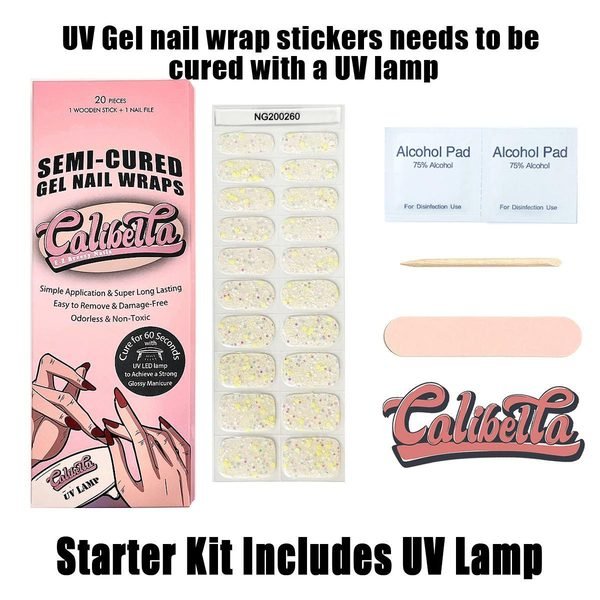 Calibella Semi-Cured UV Gel Nail Wrap Stickers for Durable DIY Manicure Nail Care with No Odor or Adhesives and Zero Drying Time (UV lamp required)