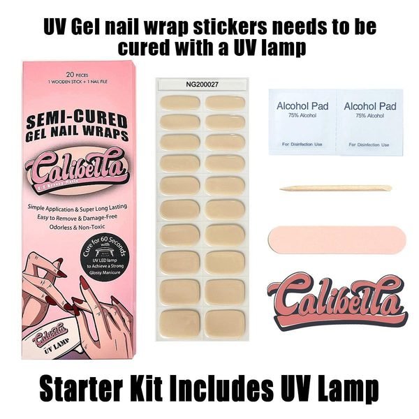 Calibella Semi-Cured UV Gel Nail Wrap Stickers for Durable DIY Manicure Nail Care with No Odor or Adhesives and Zero Drying Time (UV lamp required)