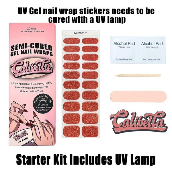 Calibella Semi-Cured UV Gel Nail Wrap Stickers for Durable DIY Manicure Nail Care with No Odor or Adhesives and Zero Drying Time (UV lamp required)