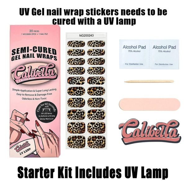 Calibella Semi-Cured UV Gel Nail Wrap Stickers for Durable DIY Manicure Nail Care with No Odor or Adhesives and Zero Drying Time (UV lamp required)