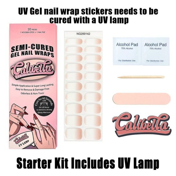 Calibella Semi-Cured UV Gel Nail Wrap Stickers for Durable DIY Manicure Nail Care with No Odor or Adhesives and Zero Drying Time (UV lamp required)