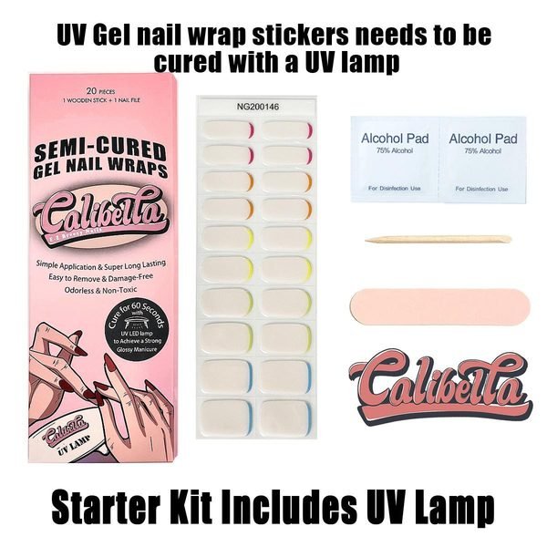 Calibella Semi-Cured UV Gel Nail Wrap Stickers for Durable DIY Manicure Nail Care with No Odor or Adhesives and Zero Drying Time (UV lamp required)