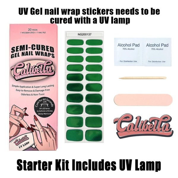 Calibella Semi-Cured UV Gel Nail Wrap Stickers for Durable DIY Manicure Nail Care with No Odor or Adhesives and Zero Drying Time (UV lamp required)