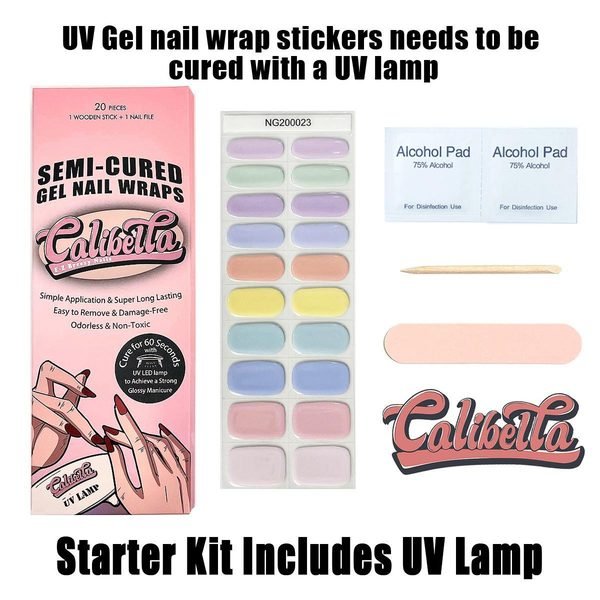 Calibella Semi-Cured UV Gel Nail Wrap Stickers for Durable DIY Manicure Nail Care with No Odor or Adhesives and Zero Drying Time (UV lamp required)