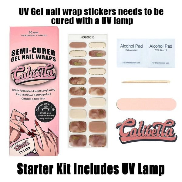 Calibella Semi-Cured UV Gel Nail Wrap Stickers for Durable DIY Manicure Nail Care with No Odor or Adhesives and Zero Drying Time (UV lamp required)