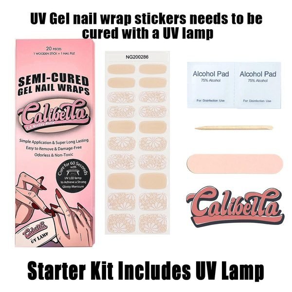 Calibella Semi-Cured UV Gel Nail Wrap Stickers for Durable DIY Manicure Nail Care with No Odor or Adhesives and Zero Drying Time (UV lamp required)