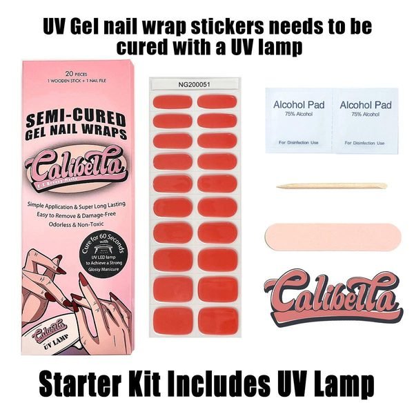 Calibella Semi-Cured UV Gel Nail Wrap Stickers for Durable DIY Manicure Nail Care with No Odor or Adhesives and Zero Drying Time (UV lamp required)