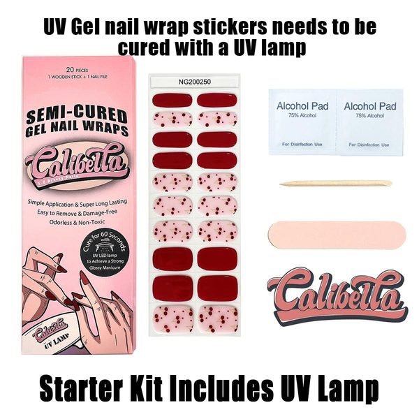 Calibella Semi-Cured UV Gel Nail Wrap Stickers for Durable DIY Manicure Nail Care with No Odor or Adhesives and Zero Drying Time (UV lamp required)
