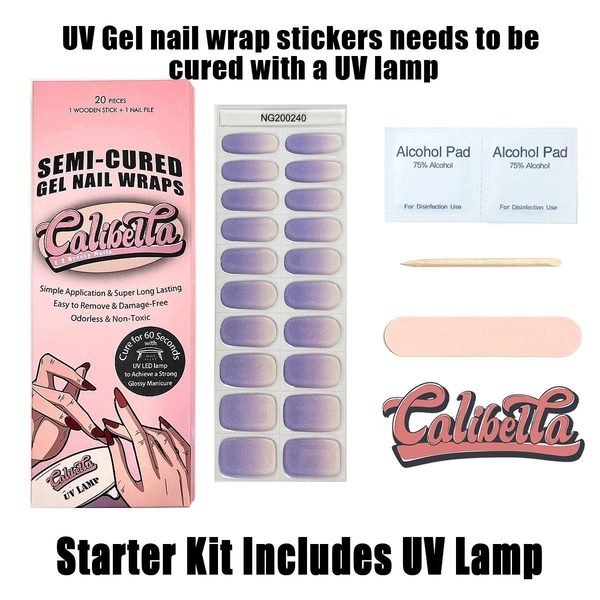 Calibella Semi-Cured UV Gel Nail Wrap Stickers for Durable DIY Manicure Nail Care with No Odor or Adhesives and Zero Drying Time (UV lamp required)