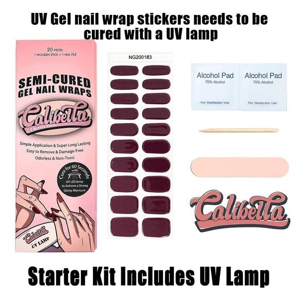 Calibella Semi-Cured UV Gel Nail Wrap Stickers for Durable DIY Manicure Nail Care with No Odor or Adhesives and Zero Drying Time (UV lamp required)