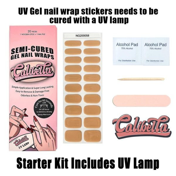 Calibella Semi-Cured UV Gel Nail Wrap Stickers for Durable DIY Manicure Nail Care with No Odor or Adhesives and Zero Drying Time (UV lamp required)