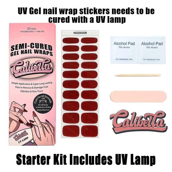 Calibella Semi-Cured UV Gel Nail Wrap Stickers for Durable DIY Manicure Nail Care with No Odor or Adhesives and Zero Drying Time (UV lamp required)