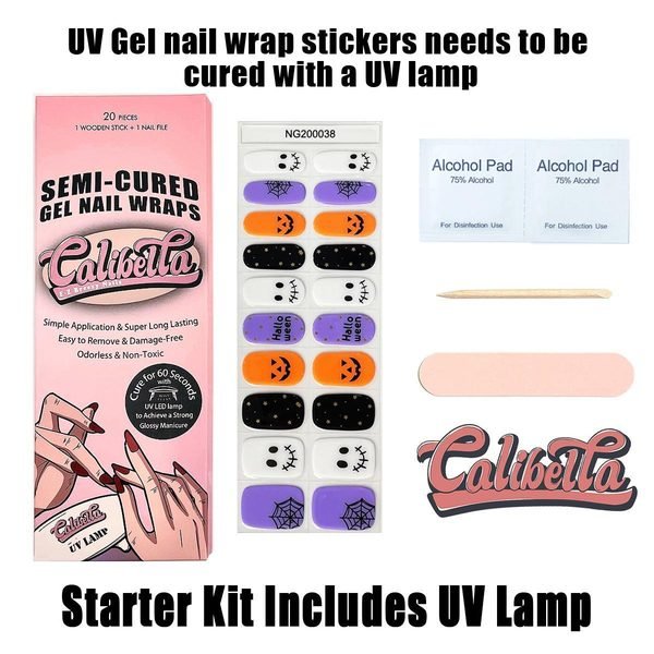 Calibella Semi-Cured UV Gel Nail Wrap Stickers for Durable DIY Manicure Nail Care with No Odor or Adhesives and Zero Drying Time (UV lamp required)