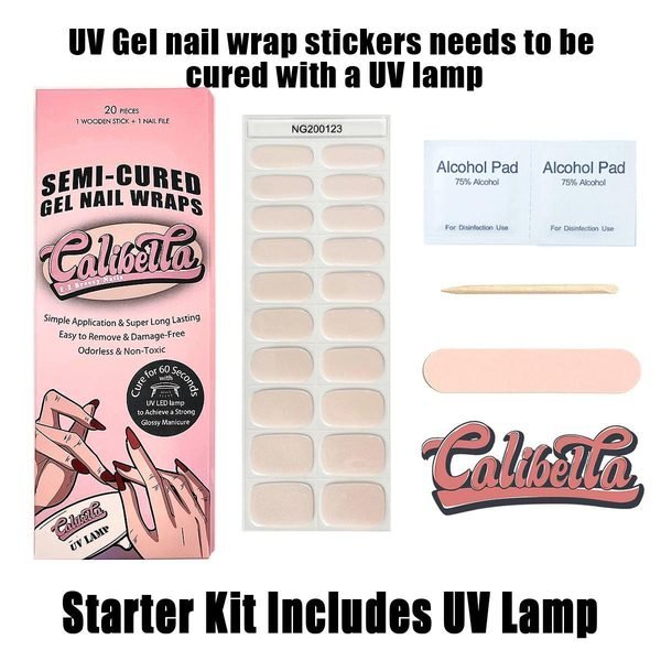Calibella Semi-Cured UV Gel Nail Wrap Stickers for Durable DIY Manicure Nail Care with No Odor or Adhesives and Zero Drying Time (UV lamp required)
