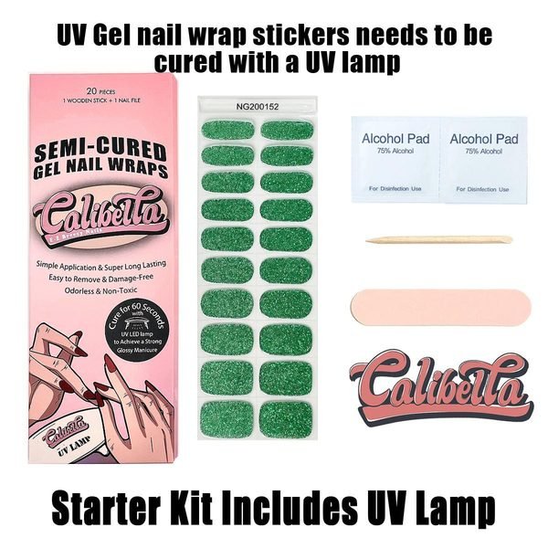 Calibella Semi-Cured UV Gel Nail Wrap Stickers for Durable DIY Manicure Nail Care with No Odor or Adhesives and Zero Drying Time (UV lamp required)