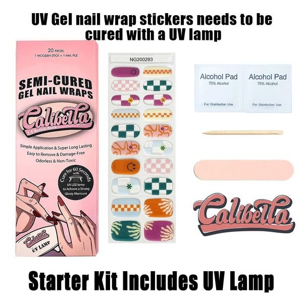 Calibella Semi-Cured UV Gel Nail Wrap Stickers for Durable DIY Manicure Nail Care with No Odor or Adhesives and Zero Drying Time (UV lamp required)