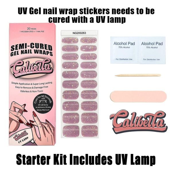 Calibella Semi-Cured UV Gel Nail Wrap Stickers for Durable DIY Manicure Nail Care with No Odor or Adhesives and Zero Drying Time (UV lamp required)