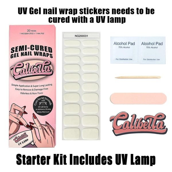 Calibella Semi-Cured UV Gel Nail Wrap Stickers for Durable DIY Manicure Nail Care with No Odor or Adhesives and Zero Drying Time (UV lamp required)