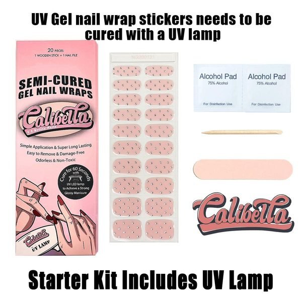 Calibella Semi-Cured UV Gel Nail Wrap Stickers for Durable DIY Manicure Nail Care with No Odor or Adhesives and Zero Drying Time (UV lamp required)