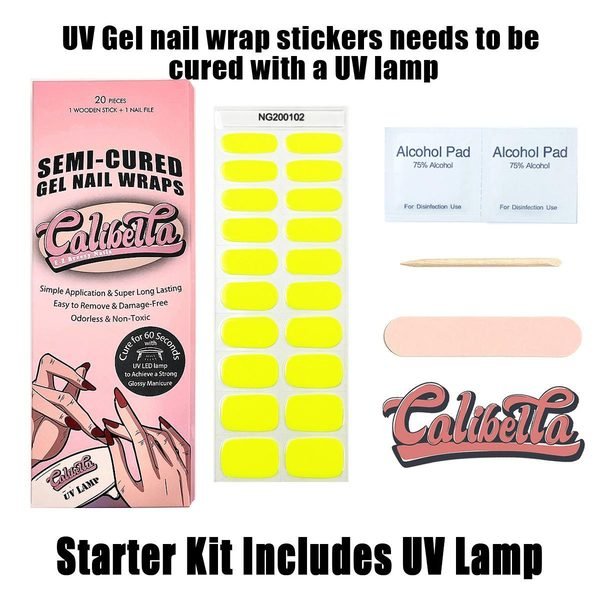 Calibella Semi-Cured UV Gel Nail Wrap Stickers for Durable DIY Manicure Nail Care with No Odor or Adhesives and Zero Drying Time (UV lamp required)