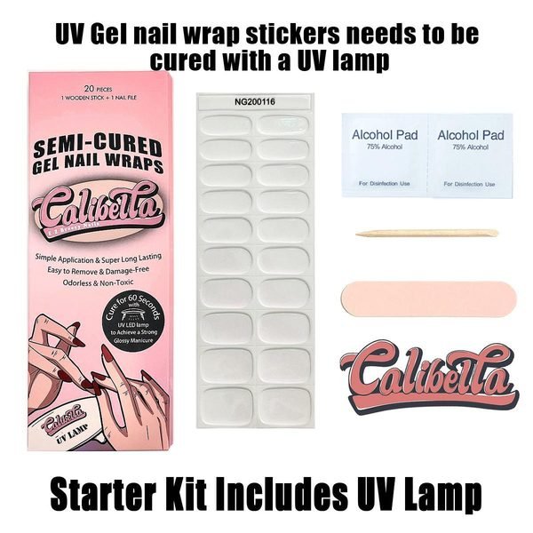 Calibella Semi-Cured UV Gel Nail Wrap Stickers for Durable DIY Manicure Nail Care with No Odor or Adhesives and Zero Drying Time (UV lamp required)