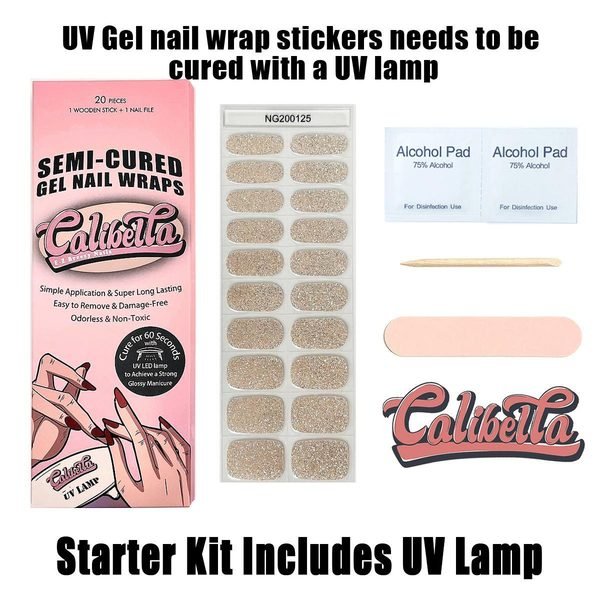 Calibella Semi-Cured UV Gel Nail Wrap Stickers for Durable DIY Manicure Nail Care with No Odor or Adhesives and Zero Drying Time (UV lamp required)