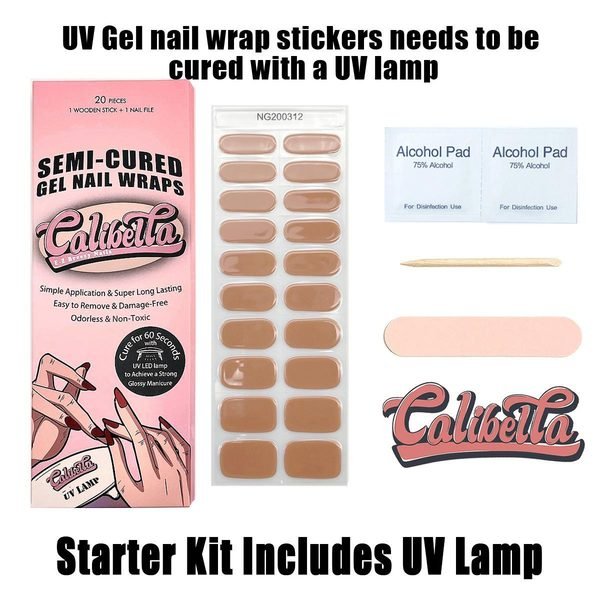 Calibella Semi-Cured UV Gel Nail Wrap Stickers for Durable DIY Manicure Nail Care with No Odor or Adhesives and Zero Drying Time (UV lamp required)