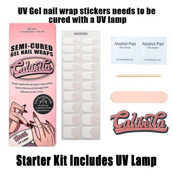 Calibella Semi-Cured UV Gel Nail Wrap Stickers for Durable DIY Manicure Nail Care with No Odor or Adhesives and Zero Drying Time (UV lamp required)