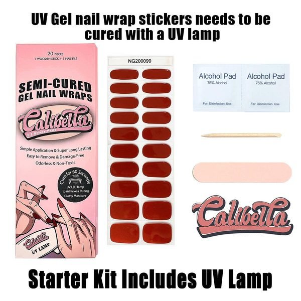 Calibella Semi-Cured UV Gel Nail Wrap Stickers for Durable DIY Manicure Nail Care with No Odor or Adhesives and Zero Drying Time (UV lamp required)