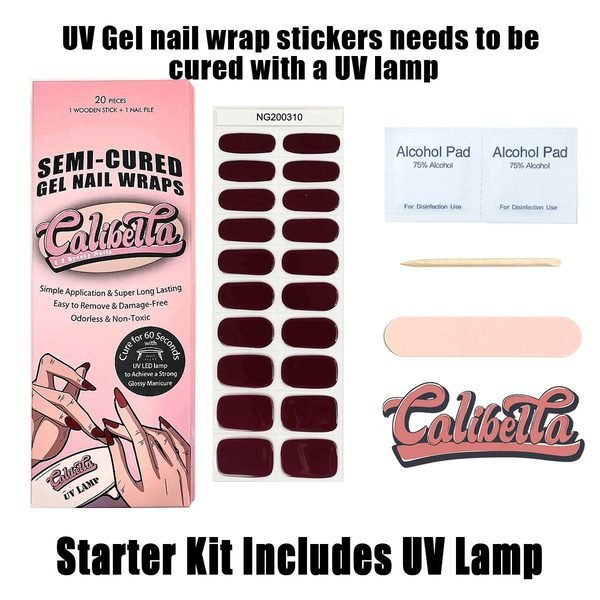 Calibella Semi-Cured UV Gel Nail Wrap Stickers for Durable DIY Manicure Nail Care with No Odor or Adhesives and Zero Drying Time (UV lamp required)